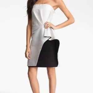 Halston Heritage Strapless Cream and Black Cocktail Dress with Ruffle Accent